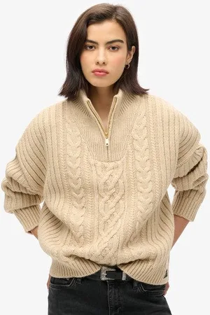Superdry Vrouwen Kabeltrui met Rits aan de Hals Grootte: 34