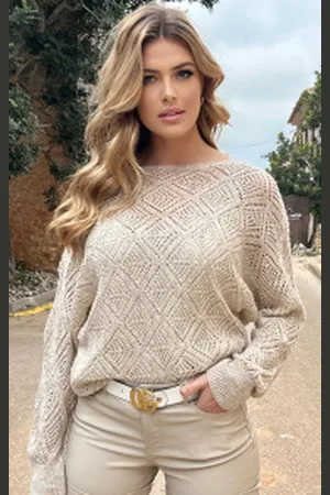 Fashion Musthaves Gehaakte Lurex Top Longsleeve Beige Goud