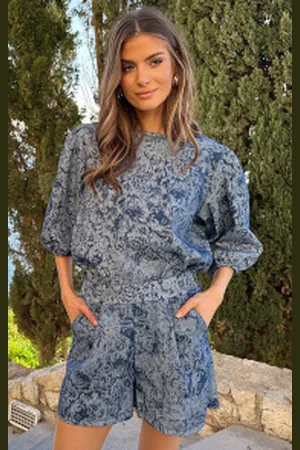 Fashion Musthaves Denim Flower Pofmouwen Top