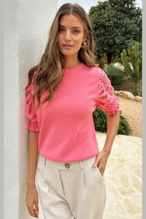 Fashion Musthaves Lace Sleeve Soft Top Koraal