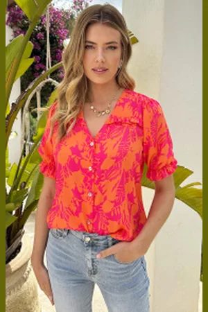 Fashion Musthaves Ruffle Top Met Pofmouwen Print Fuschia Oranje