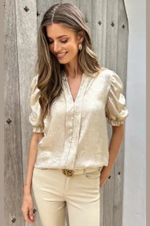 Fashion Musthaves V-hals Top Met Pofmouw Metallic Gold