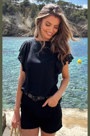 Fashion Musthaves Ruffle Embroidery Top Black