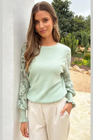 Fashion Musthaves Lace Sleeve Soft Trui Mint