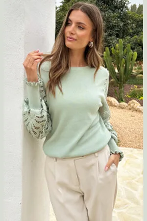 Fashion Musthaves Lace Sleeve Soft Trui Mint