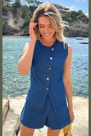 Fashion Musthaves Fitted Denim Stretch Gilet Met Knopen