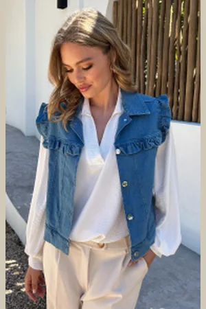 Fashion Musthaves Ruffle Denim Gilet Blue