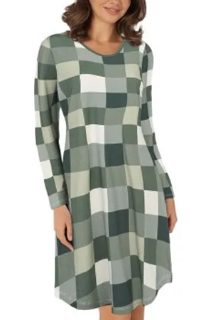 Lady Avenue Bamboo Nightdress Long Sleeve Groen/Geruit Small Dames
