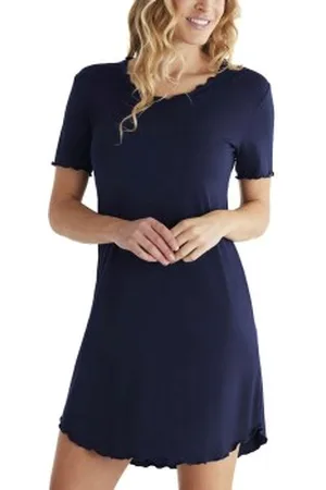 Damella Bamboo Plain Short Sleeve Nightdress Marine Bamboe Small Dames