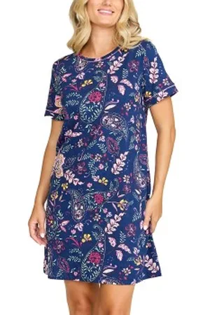 Damella Cotton Short Sleeve Nightdress Blauw patroon katoen Small Dames