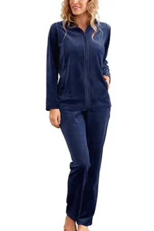 Damella Velour Plain Suit Marine Small Dames