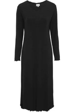 Damella Bamboo Plain Long Sleeve Nightdress Zwart Bamboe Small Dames