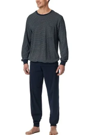 Schiesser Comfort Essentials Long Pyjamas Wit/Marine katoen Small Heren