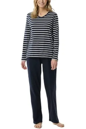 Schiesser Women Straight Leg Long Pyjama Blauw/Wit katoen 40 Dames