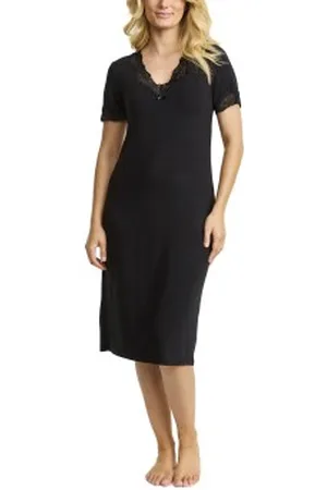 Damella Bamboo Plain Lace Short Sleeve Nightdress Zwart Bamboe Small Dames