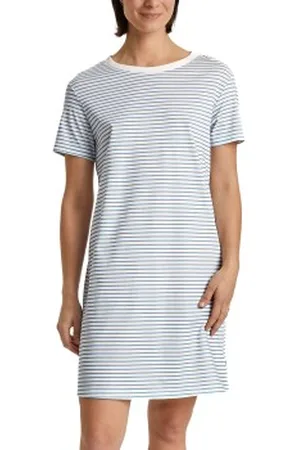 Calida Cotton Stripes Shortsleeve Nightdress Lichtblauw gestreept katoen Large Dames