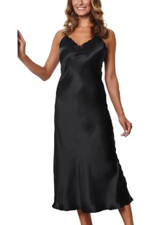 Lady Avenue Pure Silk Long Nightgown With Lace Zwart zijde X-Small Dames