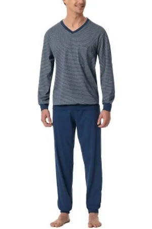 Schiesser Comfort Essentials V-Neck Long Pyjamas Blauw katoen X-Small Heren