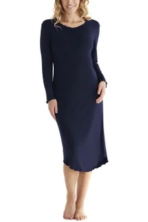 Damella Bamboo Plain Long Sleeve Nightdress Marine Bamboe Small Dames