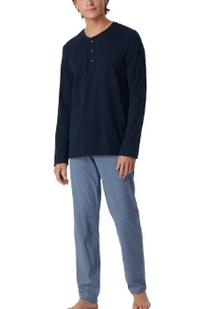 Schiesser Long Fine Interlock Collar Pyjamas Marine/Blauw katoen 46 Heren