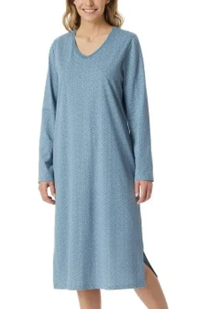 Schiesser Comfort Essentials Longsleeve Sleepshirt Blauw patroon katoen 36 Dames