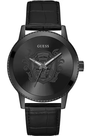 Guess Zwarte leren horloge voor mannen met quartz mechanisme