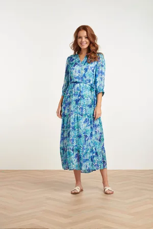 Smashed Lemon 24408 satijnen maxi jurk met abstracte print3/4 mouwen