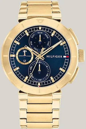 Tommy Hilfiger Verguld horloge met blauwe wijzerplaat en schakelband