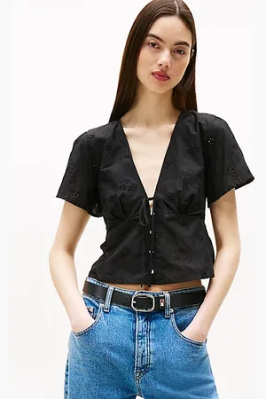 Tommy Hilfiger Slim blouse met V-hals en broderie anglaise