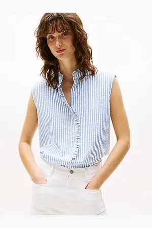 Tommy Hilfiger Mouwloze seersucker blouse met ruches