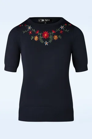 Mak Sweater Julie Bloemen top in Marineblauw