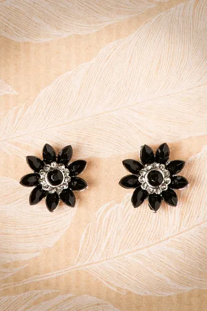 Lovely Audrey Jet Flower stud oorbellen in zwart en zilver