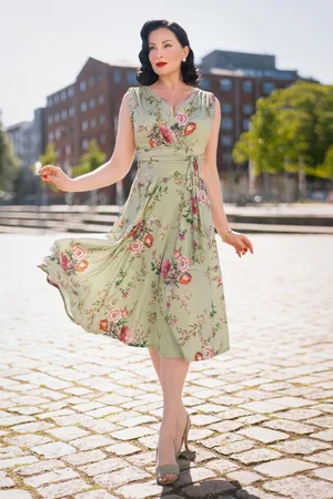 Vintage Chic Jane bloemen midi-jurk in vintage groen