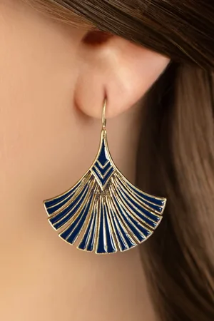 Lovely Art Deco Palm Leaf oorbellen in donkerblauw
