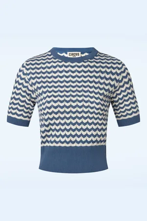 CIRCUS Gianna zigzag gebreide top in blauw en wit