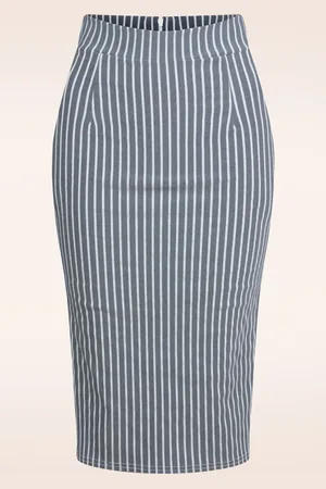 Vintage Chic Loreen Bengaline Striped Pencil rok in denim en wit