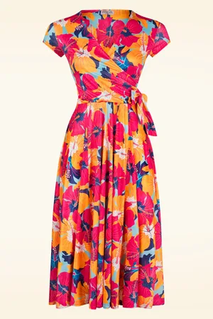 Vintage Chic Layla Floral overslag jurk in oranje en multi