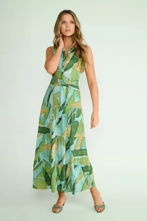 K-design Helen Leaves maxi jurk in groen en licht turquoise