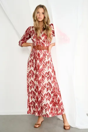 K-design Amara Leaves maxi jurk in rood en beige