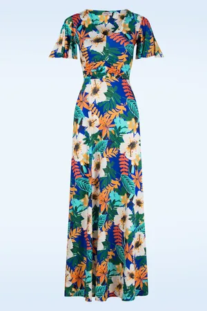 Vintage Chic Gracie tropical maxi jurk in kobalt blauw en multi