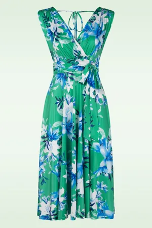 Vintage Chic Jane lelies swing jurk in groen en blauw