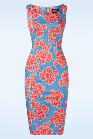 Hearts & Roses Topvintage exclusive ~ Lydia bloemen pencil jurk in blauw en rood