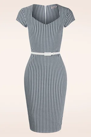 Vintage Chic Lana Bengaline Striped pencil jurk in denim en wit