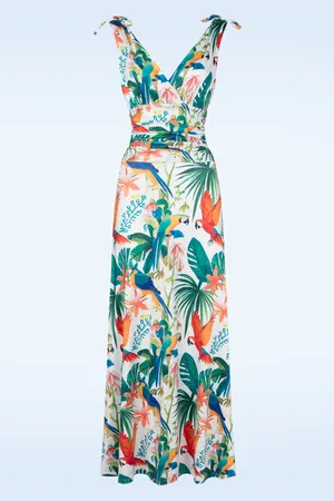 Vintage Chic Grecian Tropical Parrot maxi jurk in wit en multi