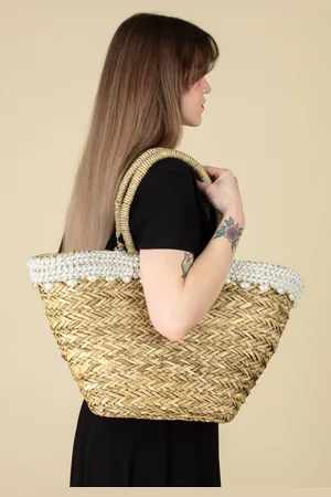 Amici Santander Pearly geweven rotan tas in beige
