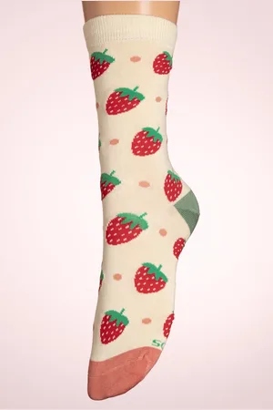 Socksmith Bamboe Strawberry Delight sokken in ivoor