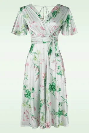 Vintage Chic Jada satijnen swing jurk met bloemen in mintgroen