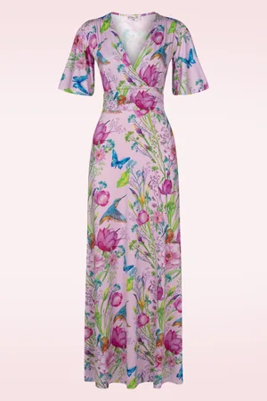 Vintage Chic Clara maxi jurk met bloemen en ijsvogels in roze