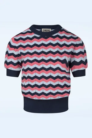 CIRCUS Gianna zigzag gebreide top in marineblauw en perzik roze