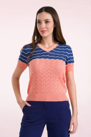 LaLamour Ellie gebreide trui in blauw en zalmroze